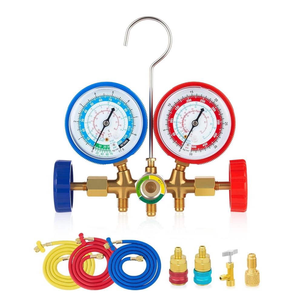 imageOrion Motor Tech AC Gauges Automotive AC Gauge Set for R134a R12 R22 R502 3 Way AC Manifold Gauge Set with 5FT Hoses Couplers ampamp Adapter R134A Can Tap Freon Recharge Kit for HVAC