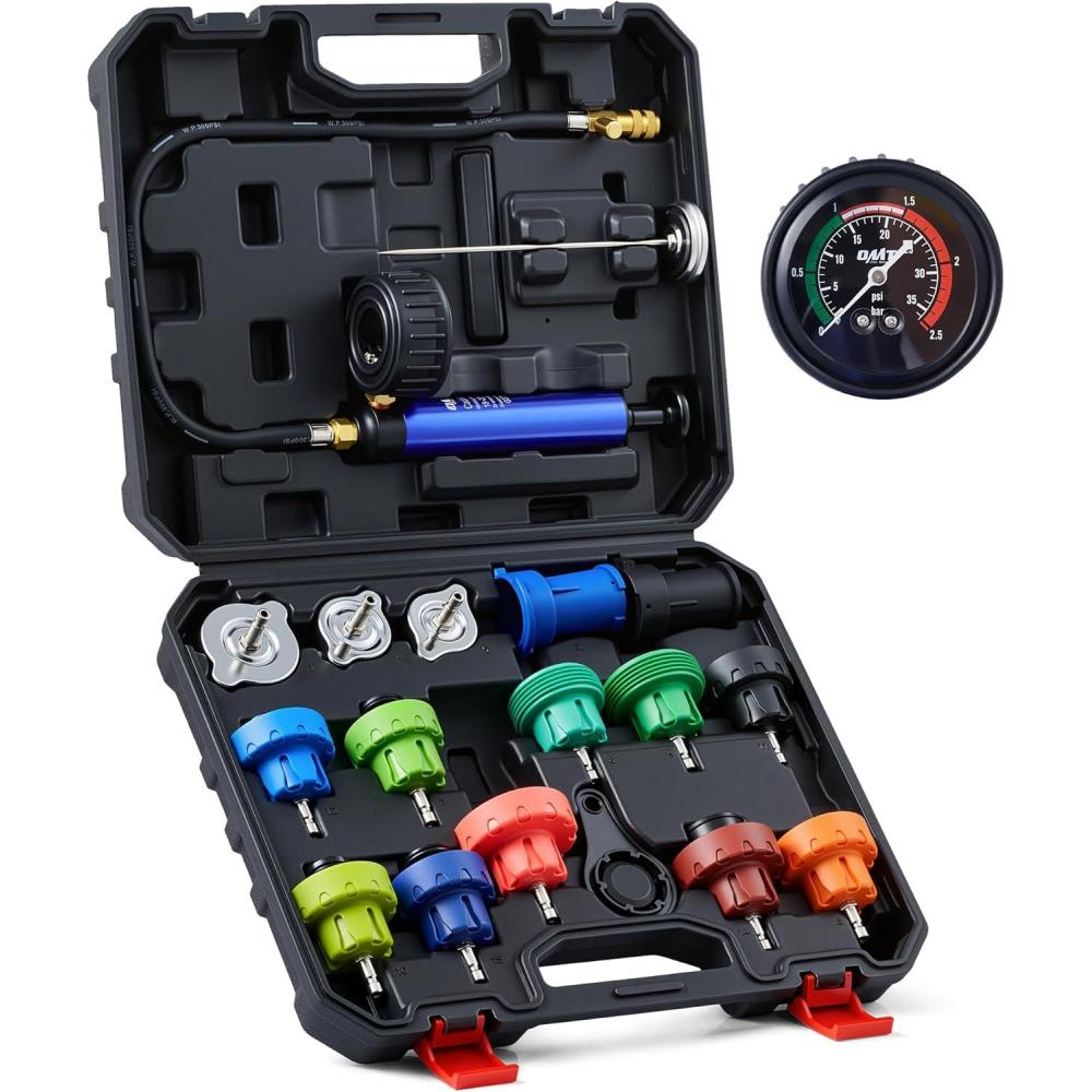imageOrion Motor Tech Coolant Pressure Tester Kit 19pc Radiator Pressure Tester Kit with 15 Radiator Adapters ampamp Wrench Cooling System Pressure Tester Kit with Vacuum Pump ampamp Probe ThermometerBlack