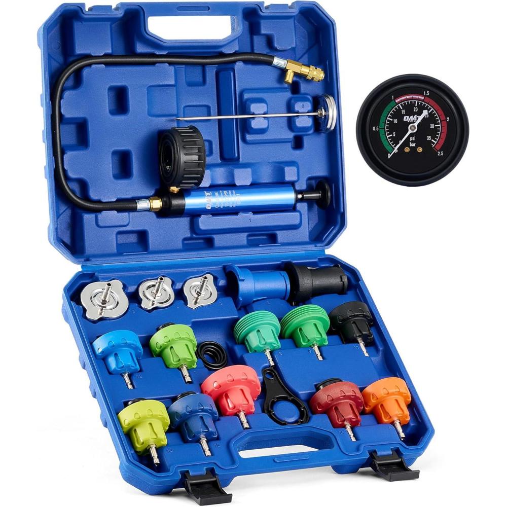 imageOrion Motor Tech Coolant Pressure Tester Kit 19pc Radiator Pressure Tester Kit with 15 Radiator Adapters ampamp Wrench Cooling System Pressure Tester Kit with Vacuum Pump ampamp Probe ThermometerBlue