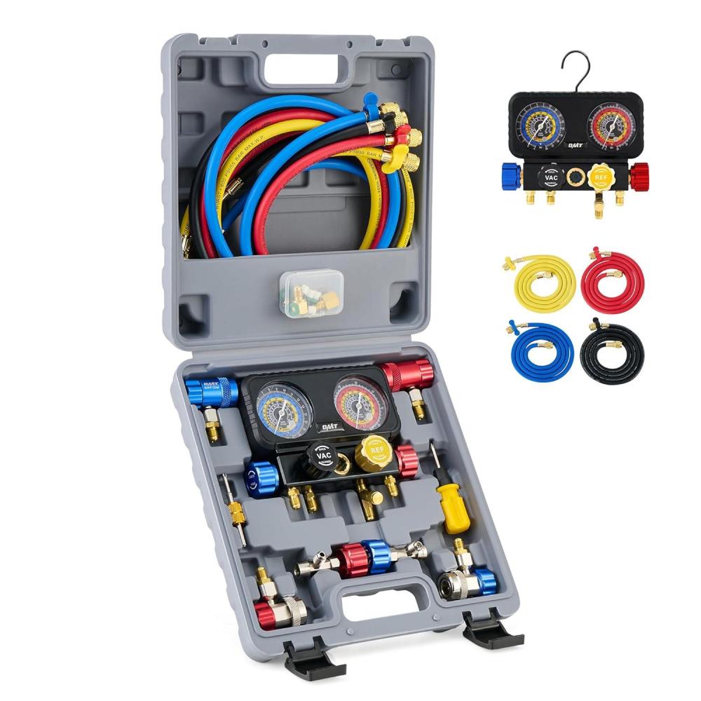 imageOrion Motor Tech R1234yf AC Gauge Set 4 Way AC Gauges W Hoses R1234yf R134a Quick Couplers Self Sealing Can Tap for Freon Charging AC Gauge Kit for R1234yf R134a R404a 4 Valve Manifold Gauge Set