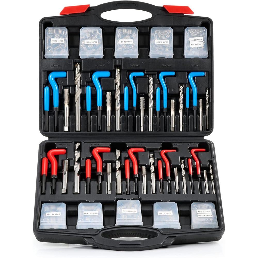 imageOrion Motor Tech Thread Repair Kit SAE and Metric Helicoil Repair Kit with HSS Drill Bits Inserts Taps Break Off Tools Rethreading Tools in 14quot 516quot 38quot 716quot 12quot ampamp M5 M6 M8 M10 M12 SizesMetric  SAE Set