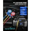 imageOrion Motor Tech A2L AC Vacuum Pump and Gauge Set for R1234yf R32 R134a R410A Systems with 35 cfm Sparkless Ignition Proof Vacuum Pump 3 Way AC Gauges Quick Couplers Can Taps Hoses Thermometer