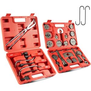 imageOrion Motor Tech 32pc Dual Brake Tools 2 in 1 Disc Brake Caliper Tool Set and Drum Brake Tool Kit Brake Caliper Tool and Brake Drum Tool with Brake Spring Tool Pliers Installer Remover AdjusterRed