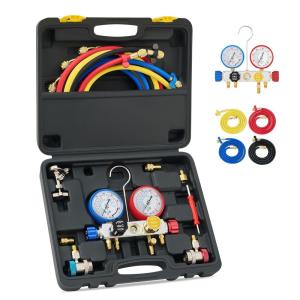 imageOrion Motor Tech 4 Way AC Diagnostic Manifold Gauge Set Fits R134A R410A and R22 Refrigerants with 5FT Hose 3 Tank Adapters Adjustable Couplers and Can Tap
