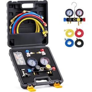 imageOrion Motor Tech 4 Way AC Gauge Set for R410a R22 R134a Refrigerant 4 Valve Automotive AC Manifold with 5ft Hoses R410a Adapters Can Tap