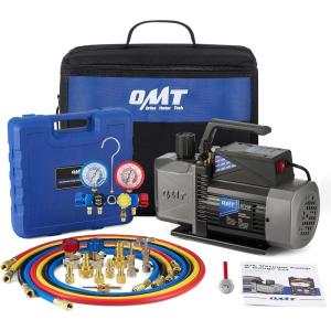 imageOrion Motor Tech A2L AC Vacuum Pump and Gauge Set 5 cfm 2 Stage Sparkless Ignition Proof Vacuum Pump for R1234yf R32 R134a R410A System with 4 Way AC Gauges Quick Couplers Thermometer Can Taps Hoses