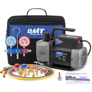 imageOrion Motor Tech A2L AC Vacuum Pump and Gauge Set for R1234yf R32 R134a R410A Systems with 35 cfm Sparkless Ignition Proof Vacuum Pump 3 Way AC Gauges Quick Couplers Can Taps Hoses Thermometer