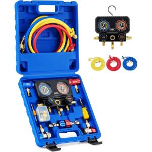 imageOrion Motor Tech AC Gauges 3 Way Manifold Gauge Set for R1234yf R134a R404a Refrigerant Automotive Gauge Set with Hoses Quick Couplers Self Sealing Can Taps for Car Freon Charging ampamp Evacuation