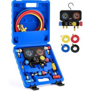 imageOrion Motor Tech AC Gauges 4 Way Manifold Gauge Set for R1234yf R134a R404a Refrigerant Automotive Gauge Set with Hoses Quick Couplers Self Sealing Can Taps for Car Freon Charging ampamp Evacuation