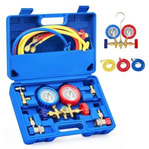imageOrion Motor Tech AC Gauges AC Manifold Gauge Set for R134a R12 R22 R502 3 Way Automotive AC Gauge Set with Antishock Gauges Hoses Couplers Adapter Puncturing Can Tap Freon Recharge Kit