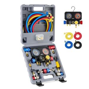 imageOrion Motor Tech R1234yf AC Gauge Set 4 Way AC Gauges W Hoses R1234yf R134a Quick Couplers Self Sealing Can Tap for Freon Charging AC Gauge Kit for R1234yf R134a R404a 4 Valve Manifold Gauge Set