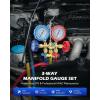 imageOrion Motor Tech 3 Way AC Diagnostic Manifold Gauge Set for Freon Charging Fits R134A R12 R22 and R502 Refrigerants with 3FT Hose Tank Adapters Quick Couplers and Can Tap5FT