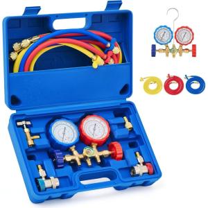 imageOrion Motor Tech 3 Way AC Diagnostic Manifold Gauge Set for Freon Charging Fits R134A R12 R22 and R502 Refrigerants with 3FT Hose Tank Adapters Quick Couplers and Can Tap5FT