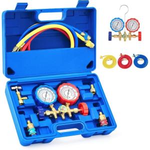 imageOrion Motor Tech 3 Way AC Diagnostic Manifold Gauge Set for Freon Charging Fits R134A R12 R22 and R502 Refrigerants with 3FT Hose Tank Adapters Quick Couplers and Can Tap3FT