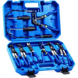 imageOrion Motor Tech 9pcs Hose Clamp Pliers for Fuel Oil ampamp Water Hoses Automotive Long Reach Hose Clamp Remover Kit with Flexible Wire Clic R Type Swivel Jaw Flat Band Pliers Case BlueBlue