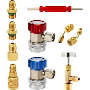 imageOrion Motor Tech AC Adapter Tool Kit 8Piece AC Gauge Hose Conversion Adapters Including R134A Can Tap R134A Quick Couplers R410 Adapters Tank Adapter and Valve Core Remover