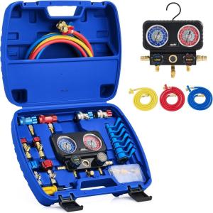 imageOrion Motor Tech AC Gauges 3 Way Manifold Gauge Set for R1234yf R134a R410a Refrigerant Automotive Gauge Set with Hoses Quick Couplers Self Sealing Can Taps for Car Freon Charging ampamp Evacuation