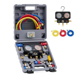 imageOrion Motor Tech AC Gauges 3 Way Manifold Gauge Set for R1234yf R404a R134a Refrigerant Automotive Gauge Set with Hoses Quick Couplers Self Sealing Can Taps for Car Freon Charging ampamp Evacuation