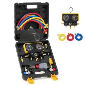 imageOrion Motor Tech AC Manifold Gauge Set for R134a R12 R22 R502 Refrigerants Automotive AC Gauge Set Precision Refrigerant Gauge Kit with 5 Hose Tank AC Adapters Adjustable Couplers Can Tap