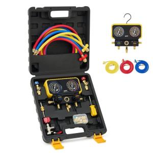 imageOrion Motor Tech R410a Gauges AC Manifold Gauge Set for R22 R32 410A 134A Refrigerant 3 Way AC Gauges R410a Manifold Set with R410a R22 Safety Valves 3 Hoses R410a Adapters Universal Can Tap